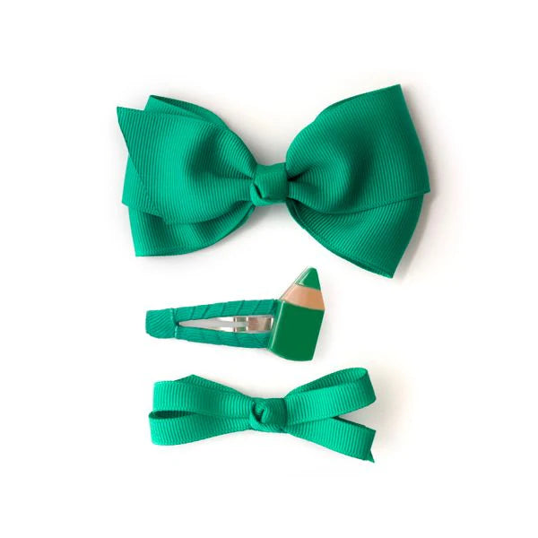 Pencil and Fabric Bows Green Hair Clips