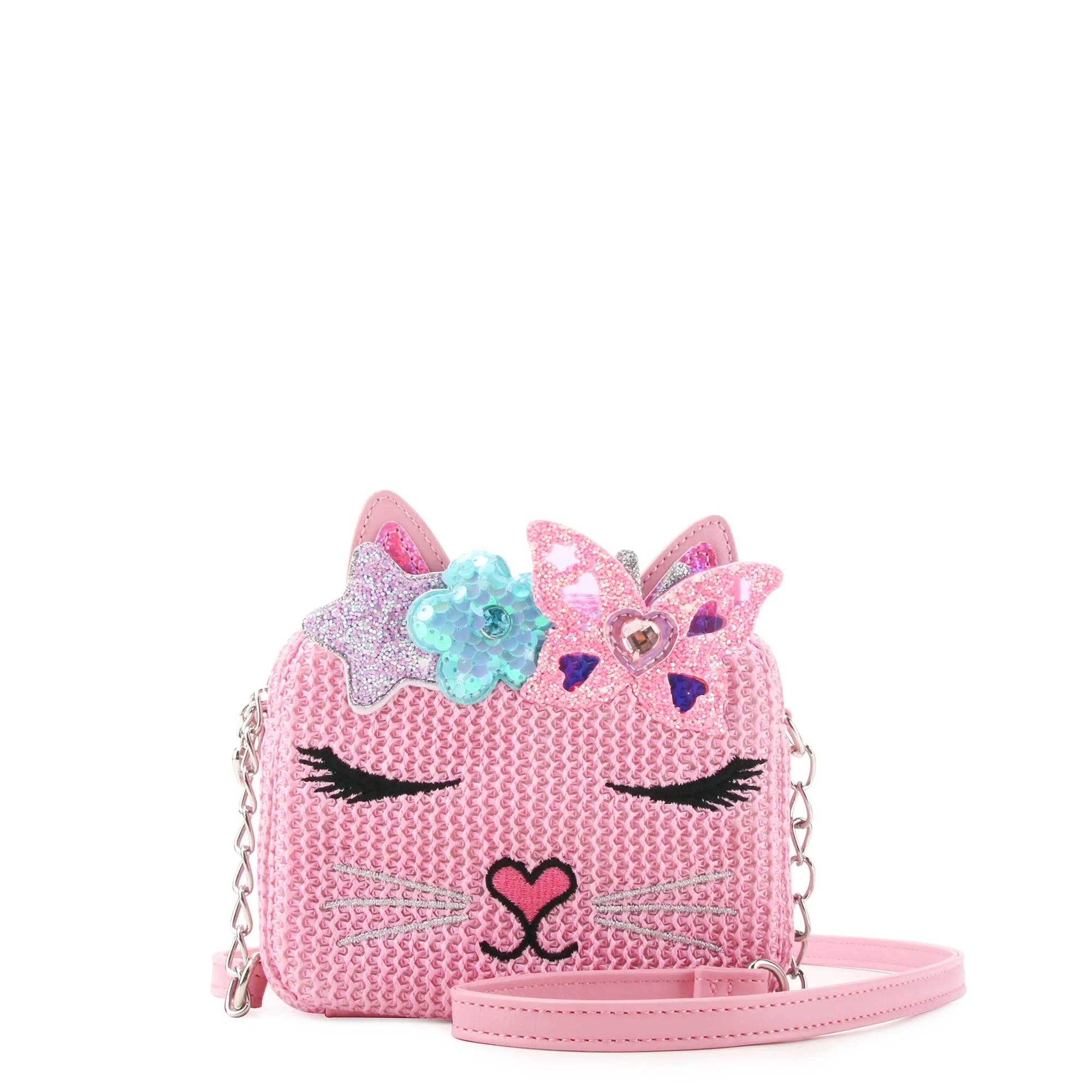 Kitty Cat Pink Straw Crossbody Bag