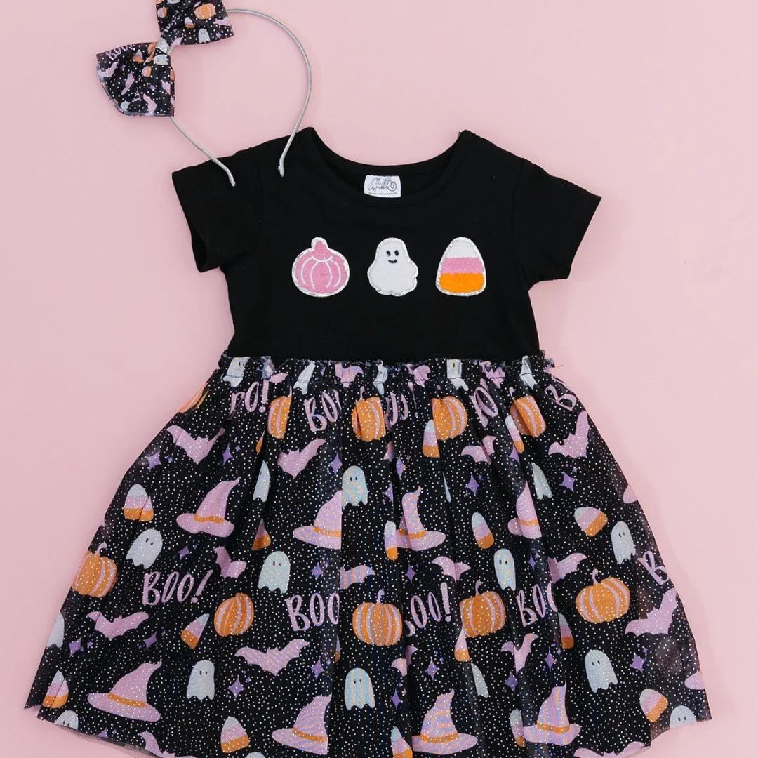 Boo Halloween Short Sleeve Tutu Dress
