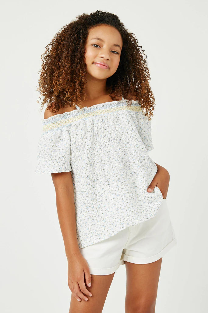 Girls Embroidered Smocked Off Shoulder Floral Top