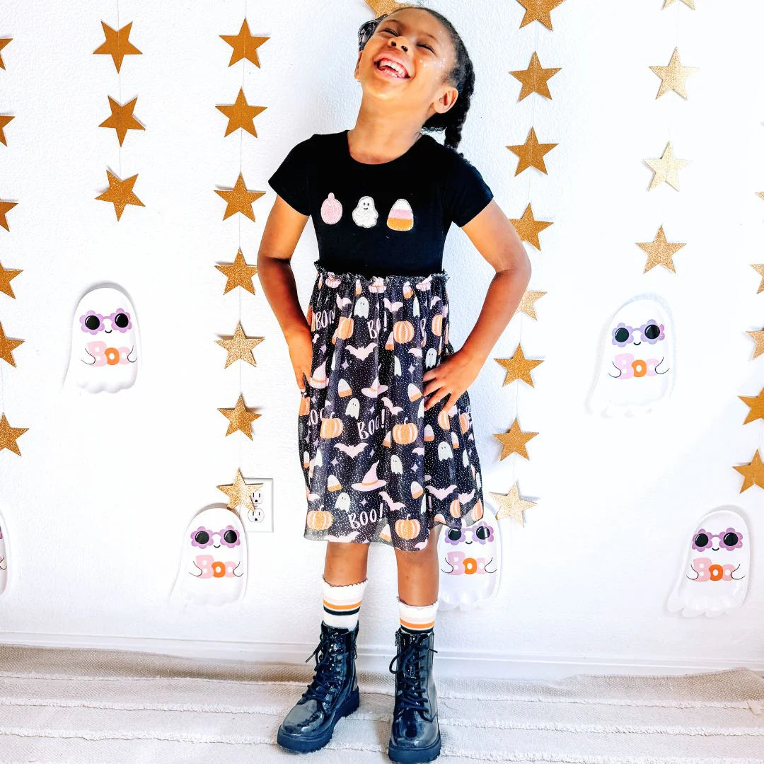 Boo Halloween Short Sleeve Tutu Dress