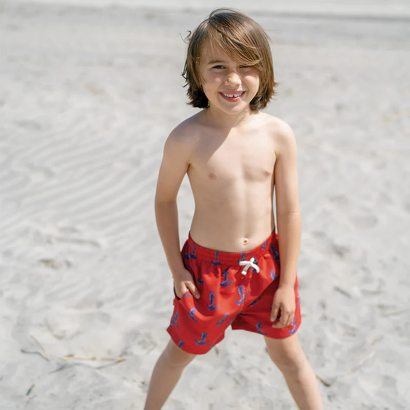 Boys Swim Trunk in Red Nautical Anchors