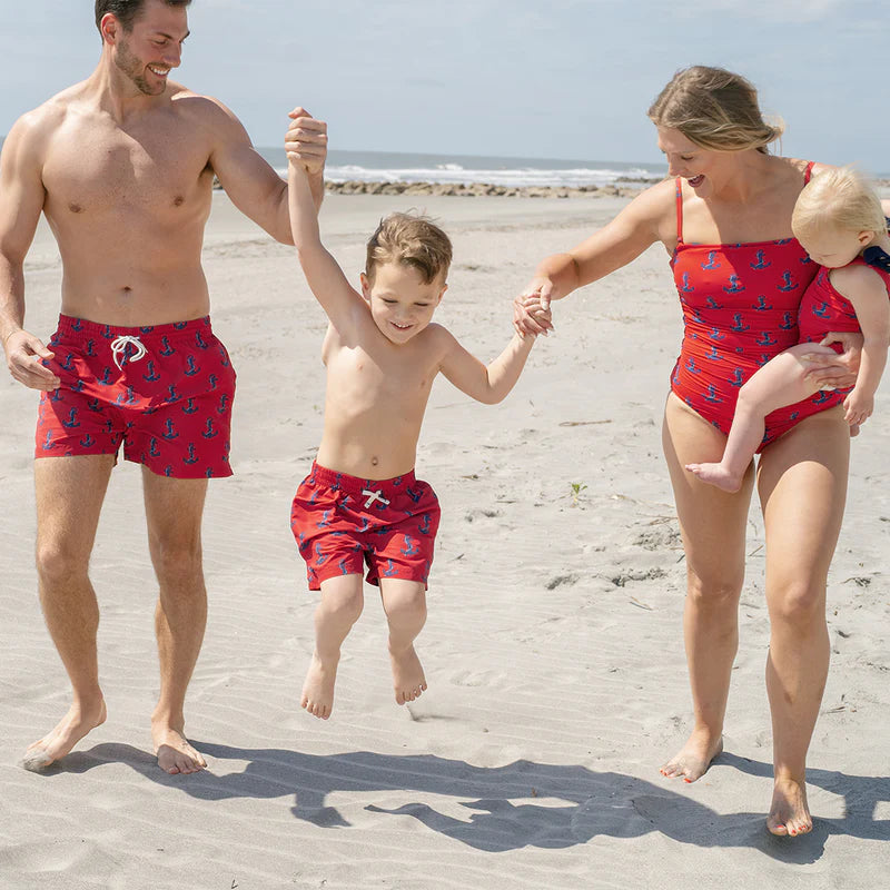 Boys Swim Trunk in Red Nautical Anchors