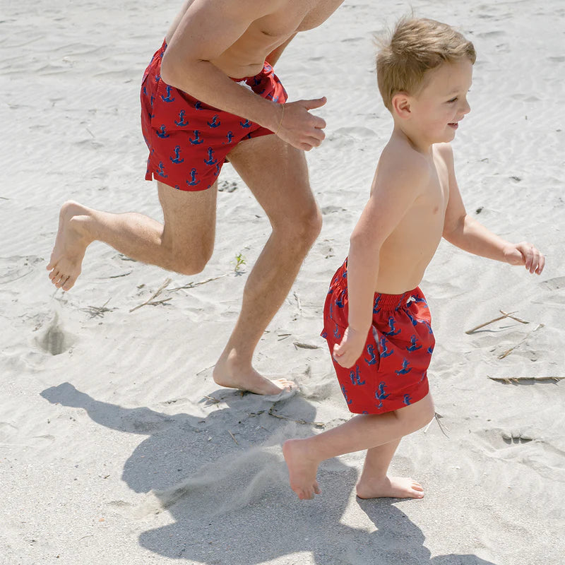 Boys Swim Trunk in Red Nautical Anchors