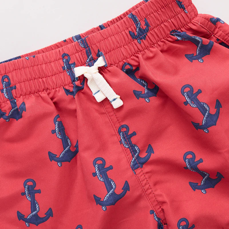 Boys Swim Trunk in Red Nautical Anchors