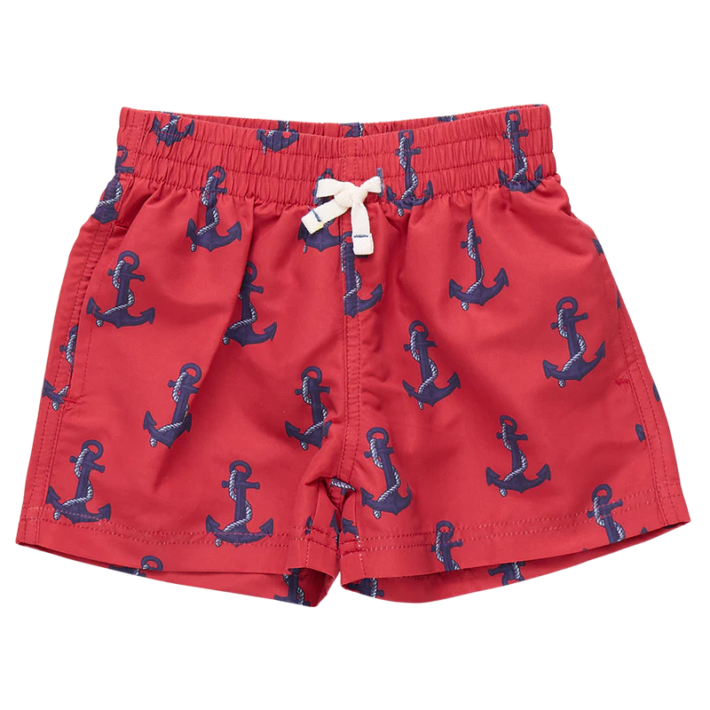 Boys Swim Trunk in Red Nautical Anchors
