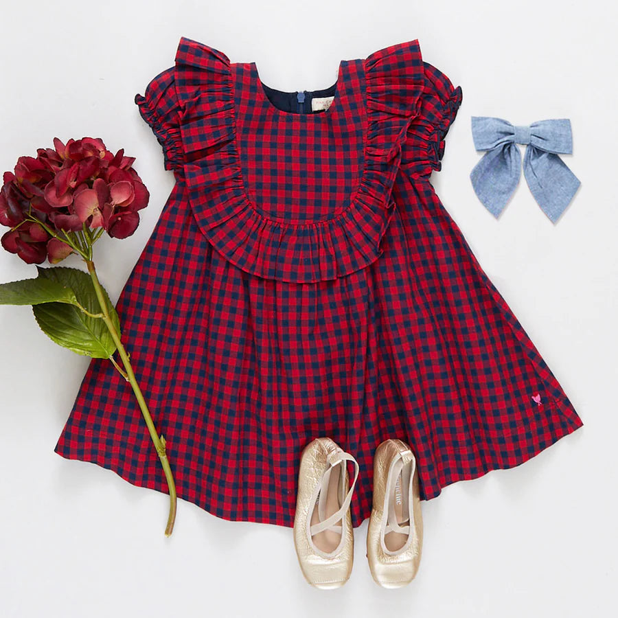 Girls Brayden Ruffle Dress in Navy/Red Gingham