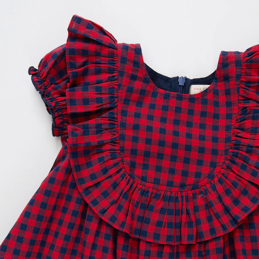 Girls Brayden Ruffle Dress in Navy/Red Gingham