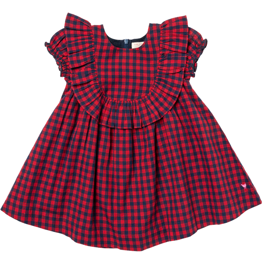 Girls Brayden Ruffle Dress in Navy/Red Gingham