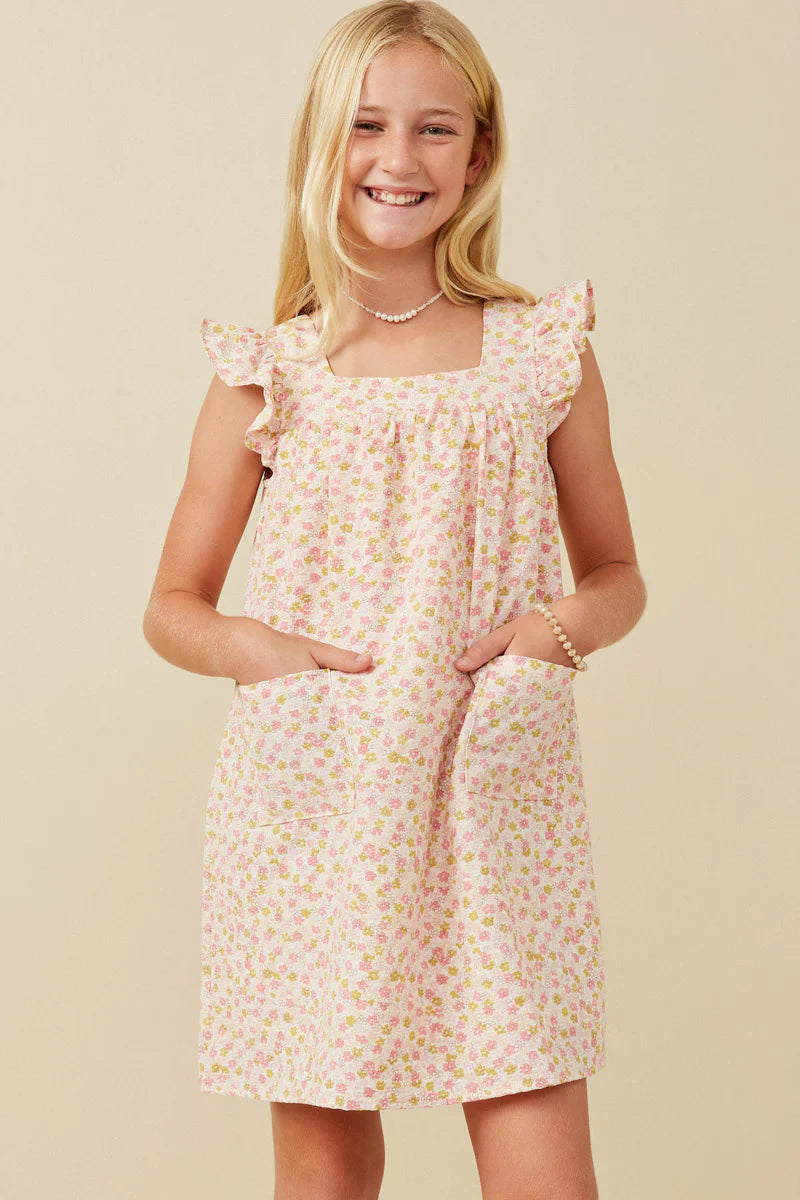Girls Ruffled Flutter Sleeve Square Neck Pocket Dress