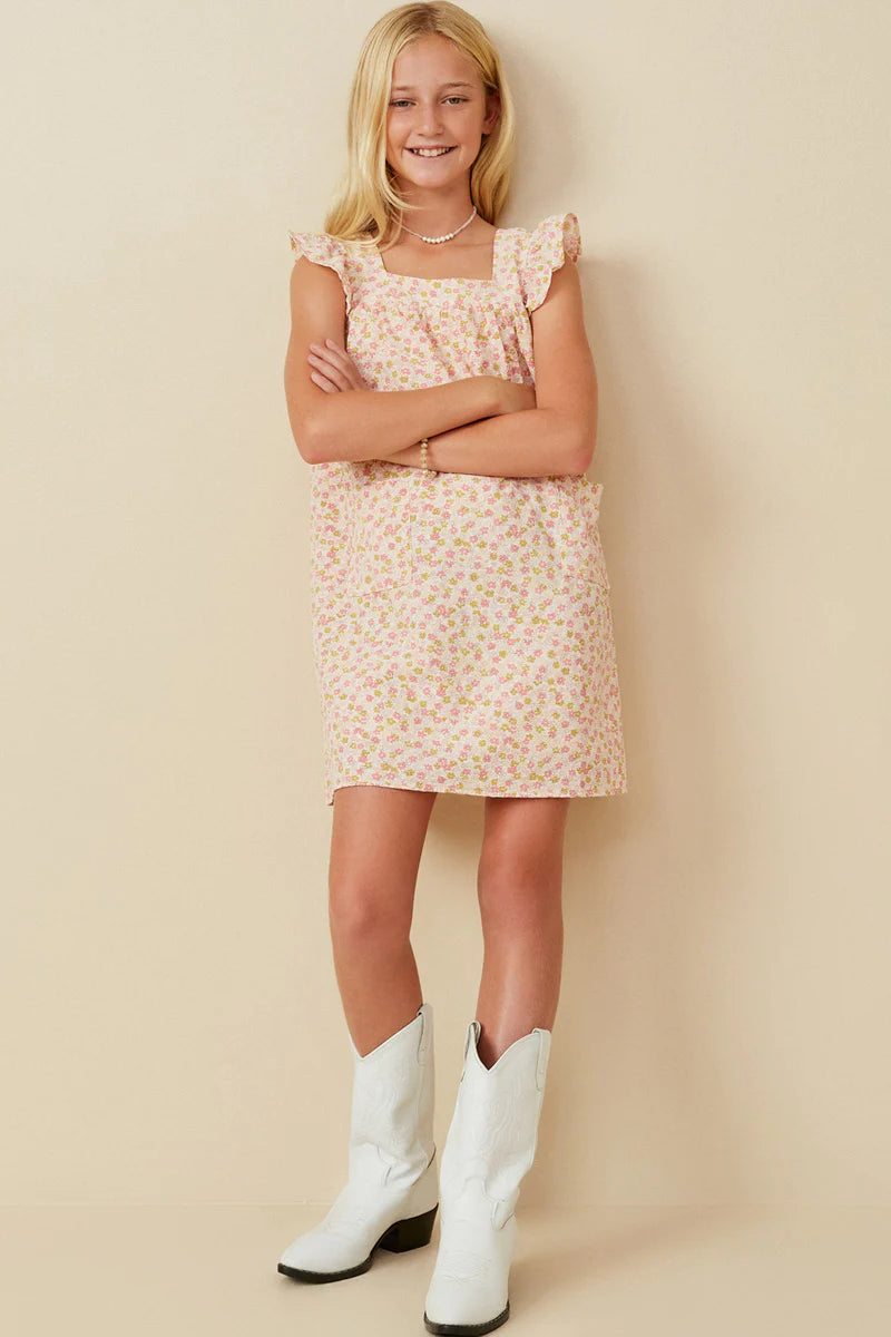 Girls Ruffled Flutter Sleeve Square Neck Pocket Dress