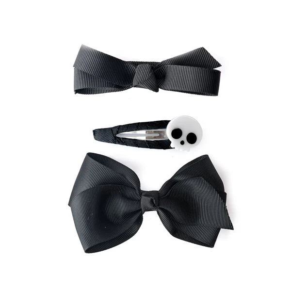 Skull and Fabric Bows Black Hair Clips Set