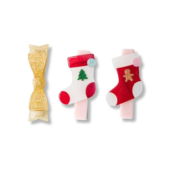 Stockings Red White and Glitter Gold Hair Clips