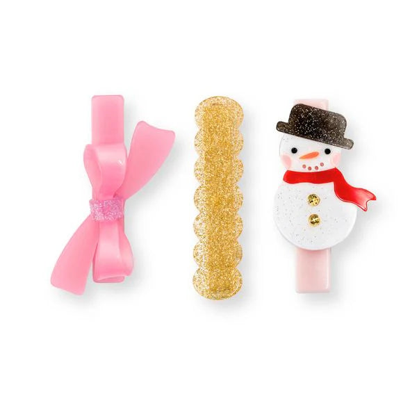 Snowman Pink Bow Hair Clips Set