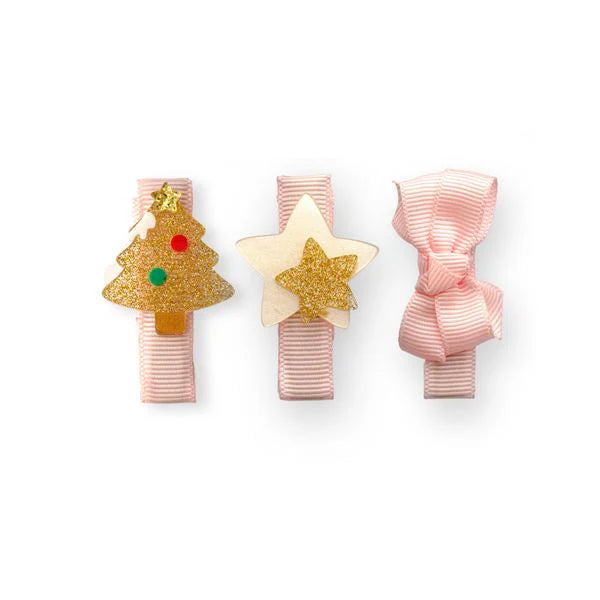 Tree Star Glitter Gold and Fabric Bow Baby Hair Clips