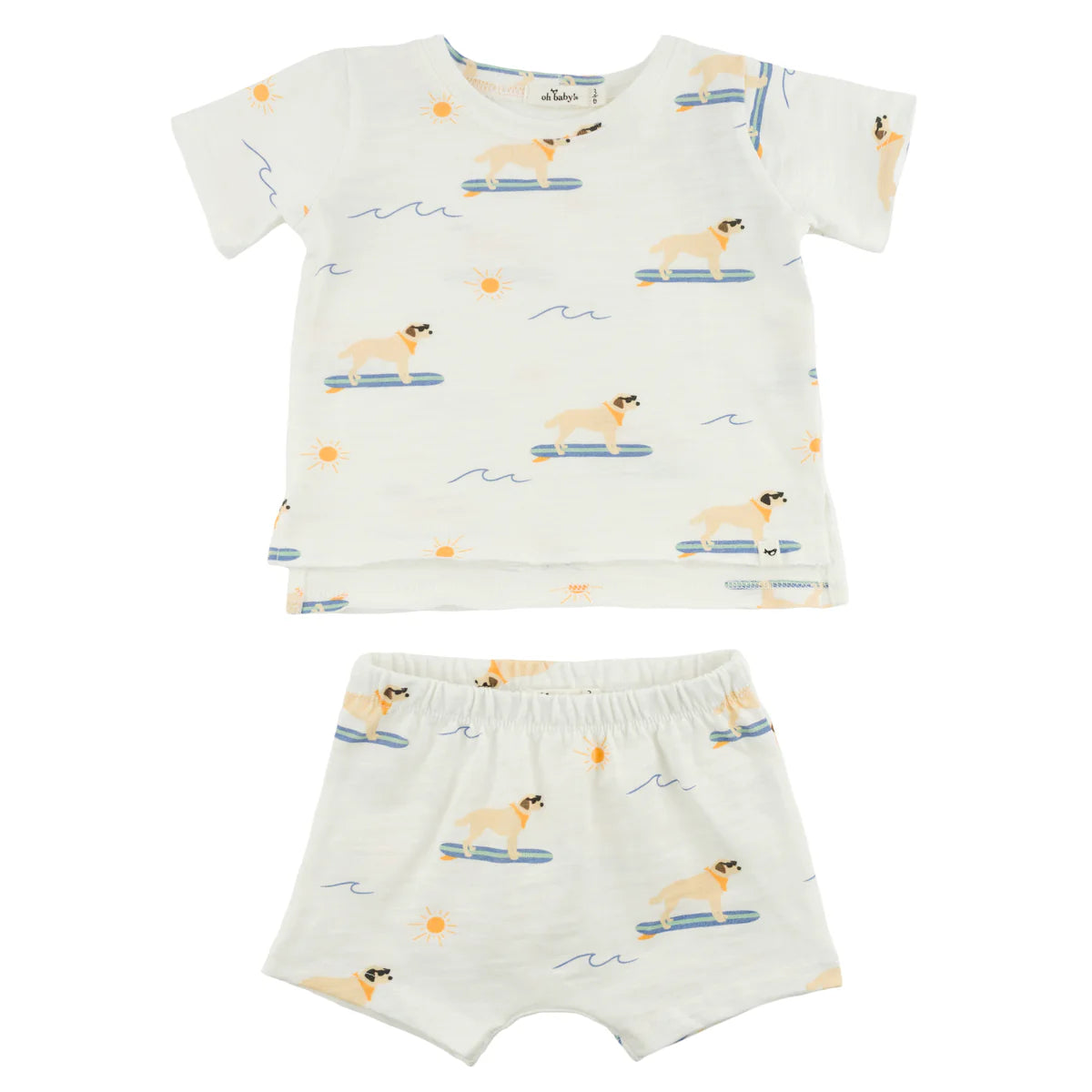 Surfing Dog Print Raw Edge Tee Short Set
