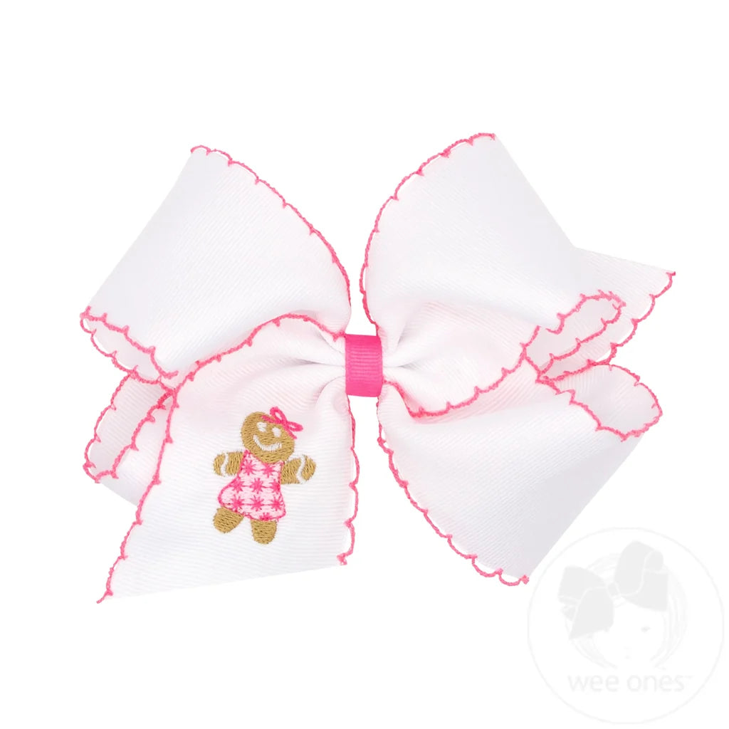 King Grosgrain Hair Bow with Moonstitch Edge and Pink Gingerbread Embroidery