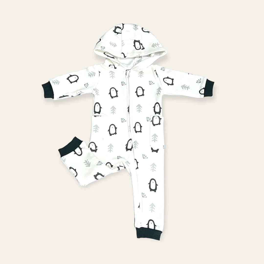 Penguin Fleece Zipper Hooded Baby Jumpsuit