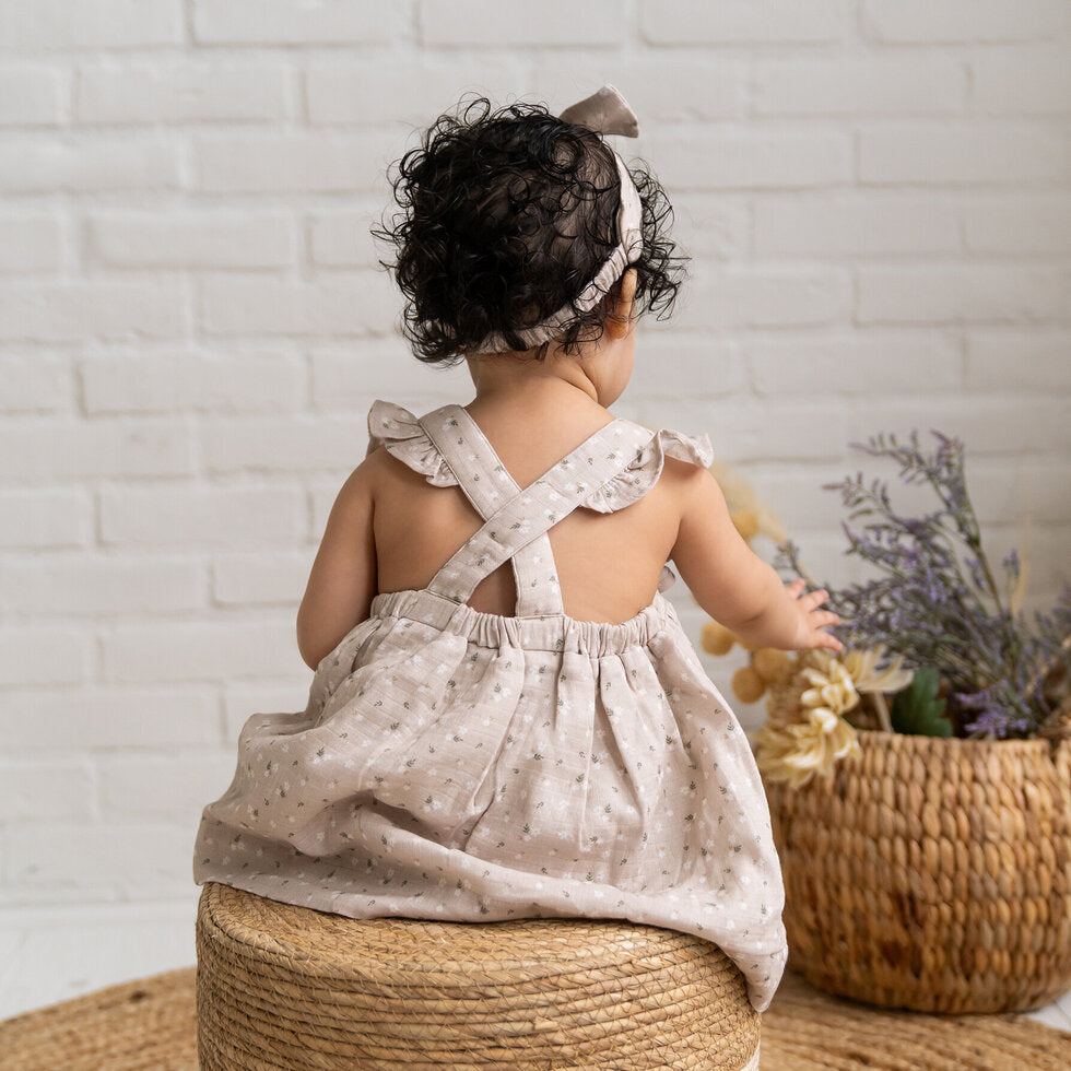 Ditsy Floral Ruffle Cross Back Flare Baby Dress+Bloomer (Organic Muslin)