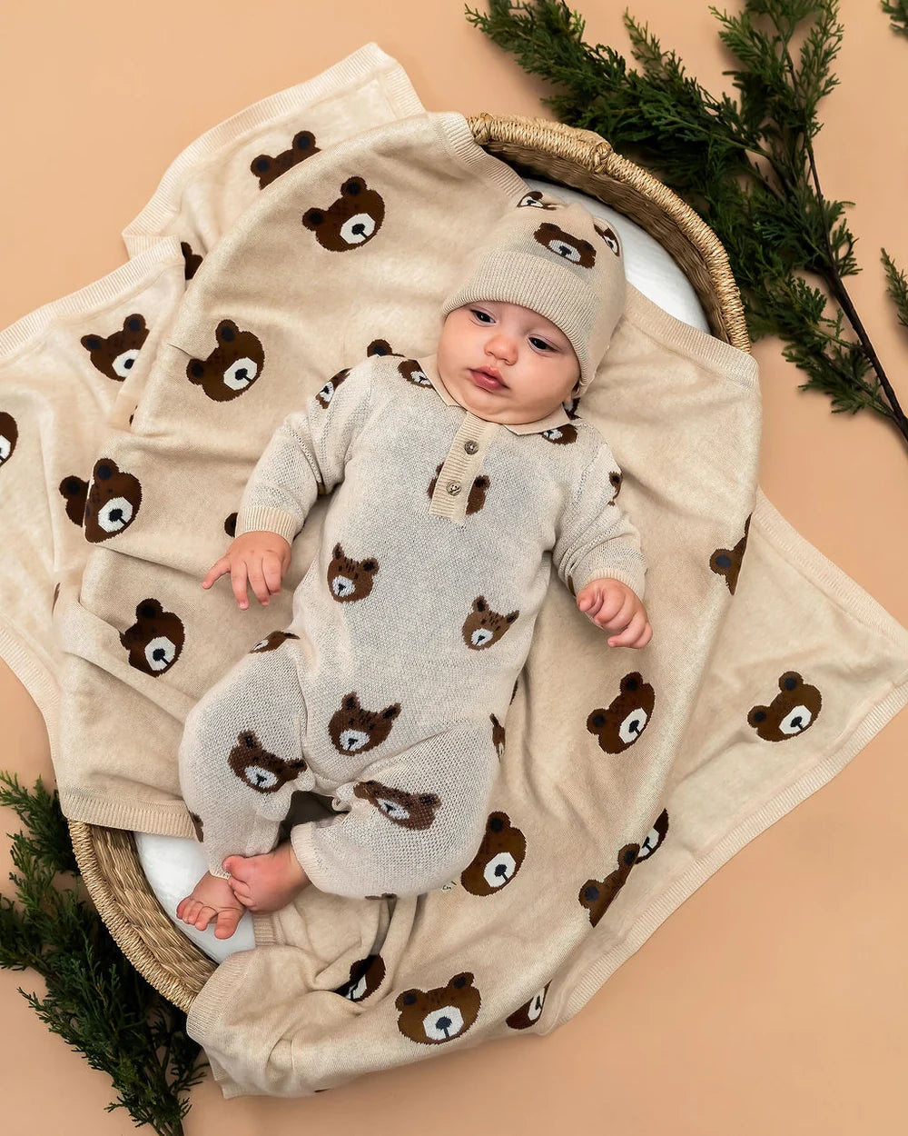 Brown Bear Jacquard Sweater Knit Baby Blanket (Organic Cotton)