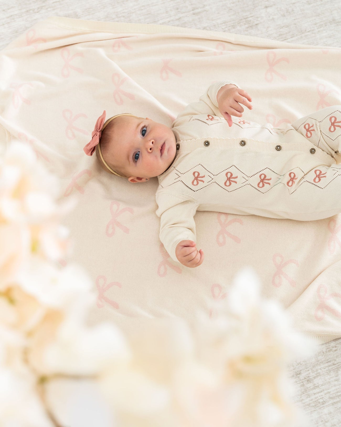 Evie Bow Pointelle Knit Baby Jumpsuit (Organic Cotton)