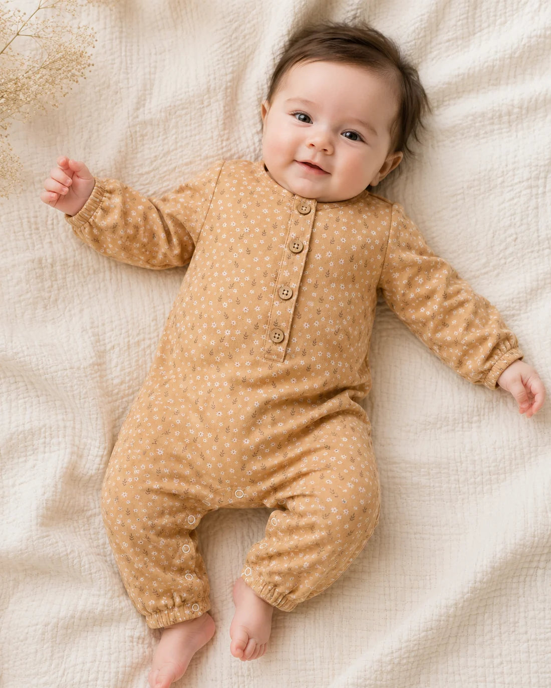 Floral Button Front Baby Jumpsuit (Organic Muslin)