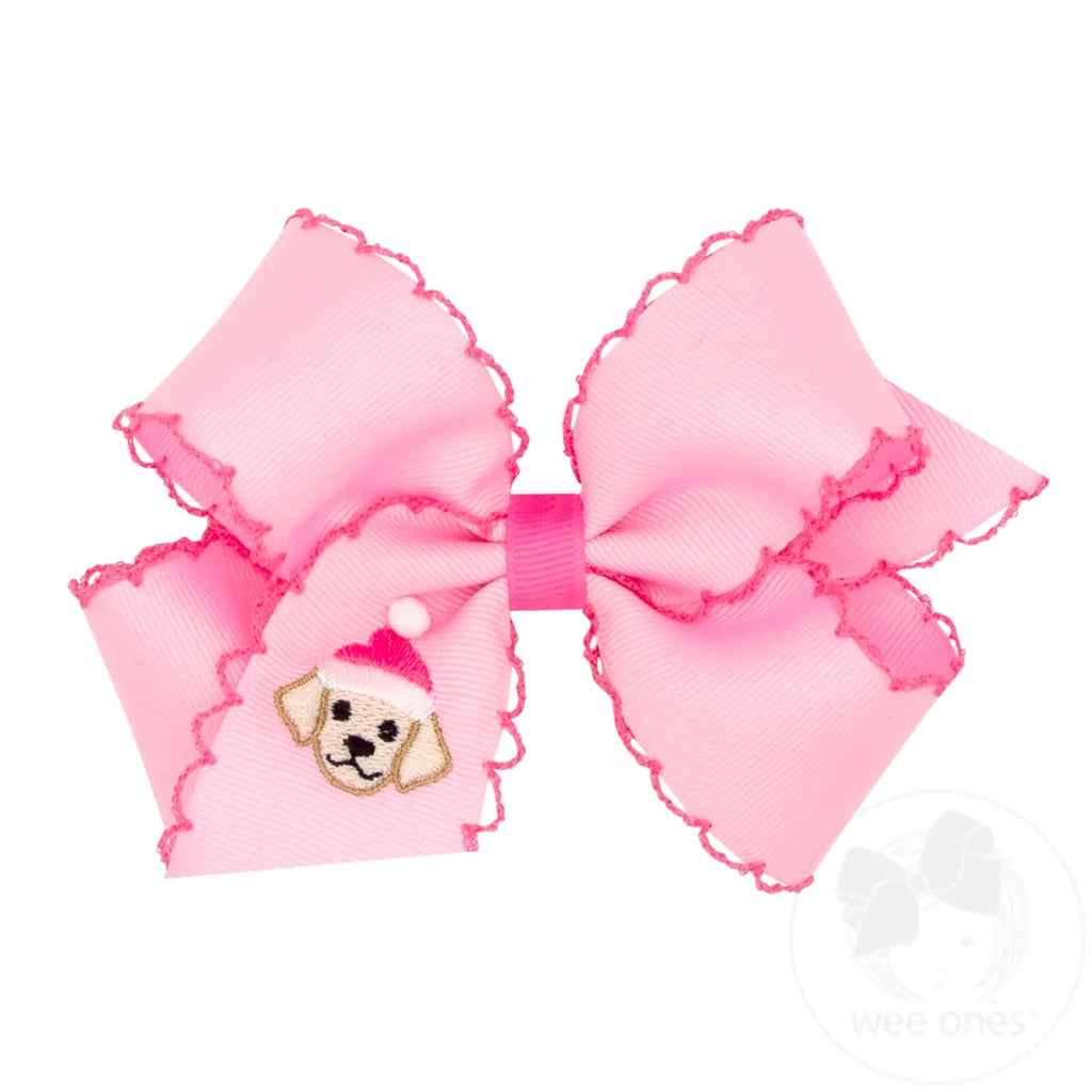 Medium Moonstitch Pink Christmas Embroidered Hair Bows