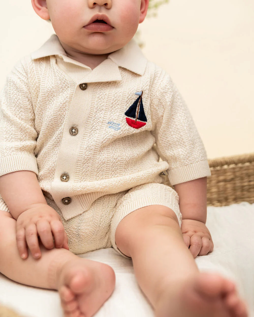 Sailboat Embroidered Baby Shirt & Shorts Set (Organic Cotton)