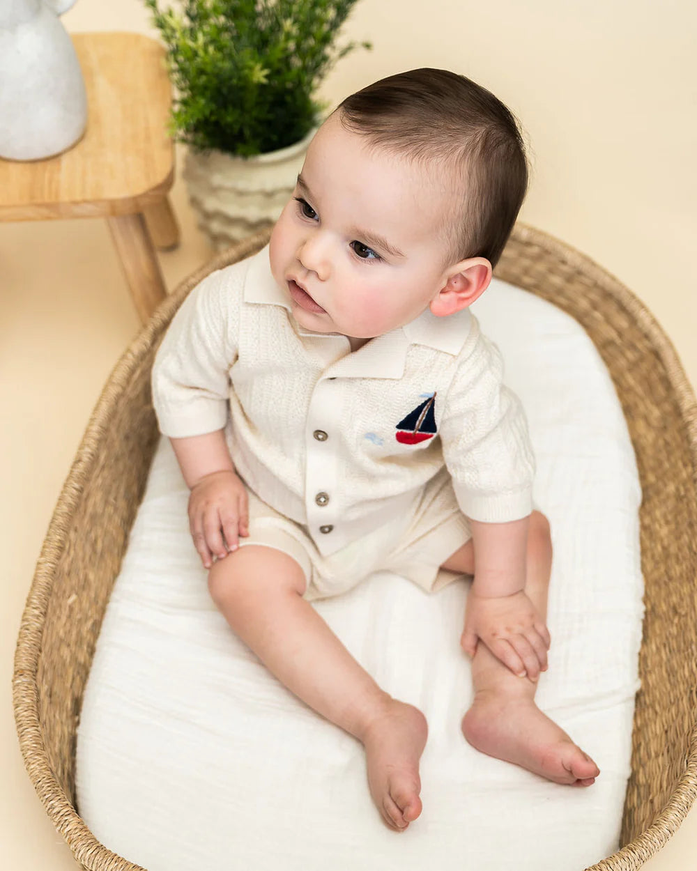 Sailboat Embroidered Baby Shirt & Shorts Set (Organic Cotton)