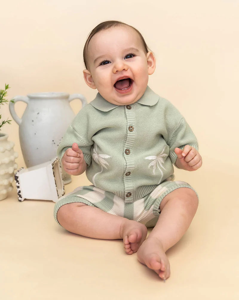 Palm Trees Embroidered Baby Sweater Shirt & Shorts Set (Organic Cotton)