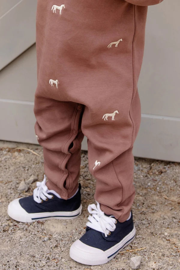 Rayburn Romper with Gray Bay Brown with Horse Embroidery