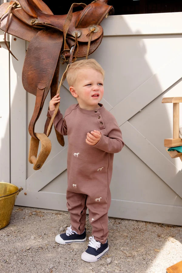 Rayburn Romper with Gray Bay Brown with Horse Embroidery