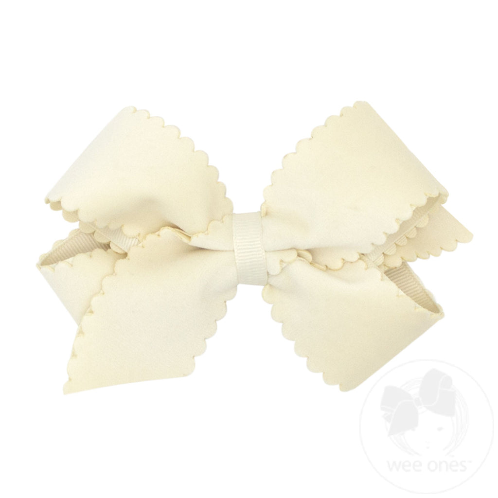 Medium Hair Bow with Scalloped Edge Faux Velvet Overlay