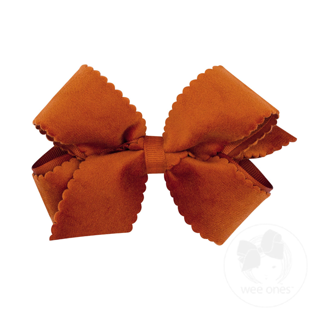 Medium Hair Bow with Scalloped Edge Faux Velvet Overlay