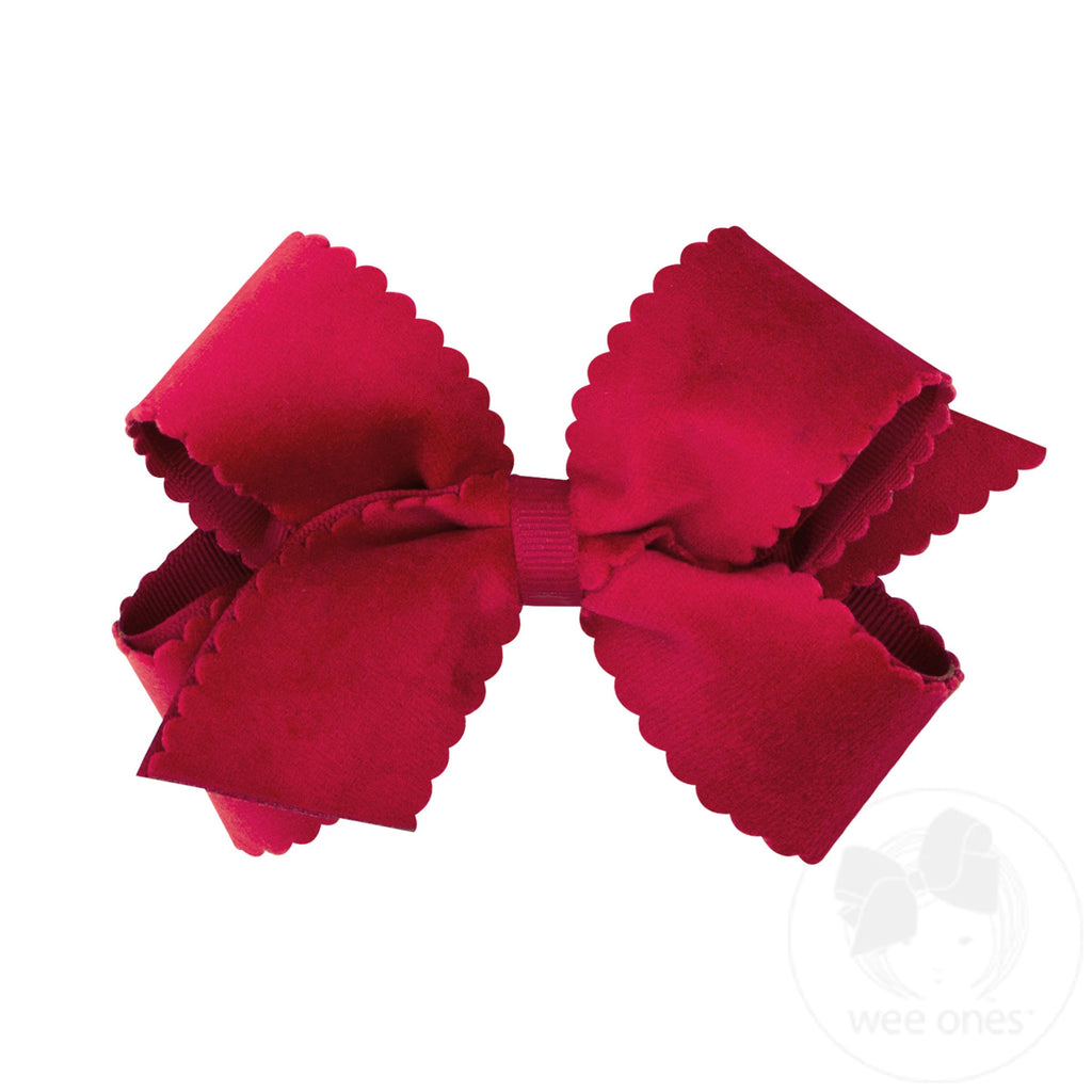 Medium Hair Bow with Scalloped Edge Faux Velvet Overlay