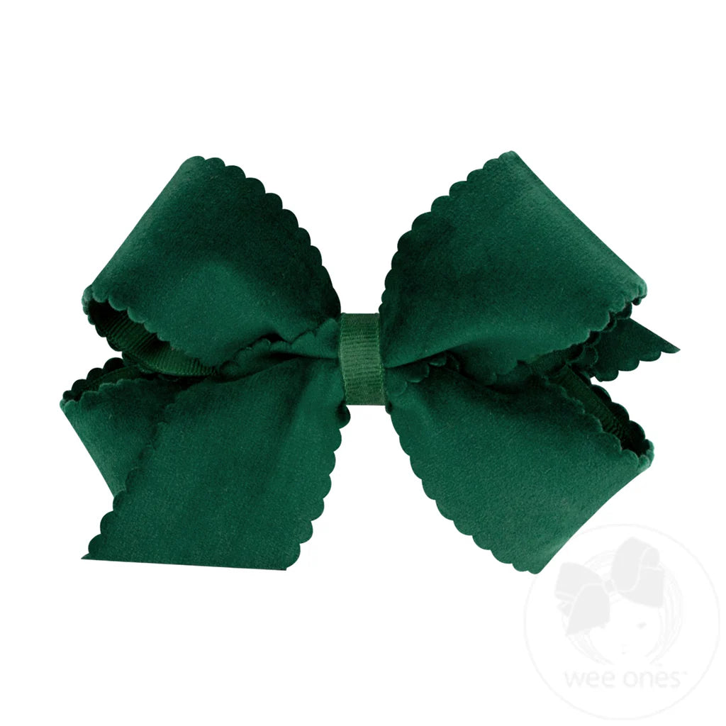Medium Hair Bow with Scalloped Edge Faux Velvet Overlay