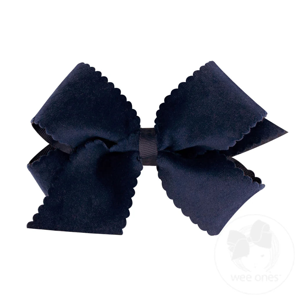 Medium Hair Bow with Scalloped Edge Faux Velvet Overlay
