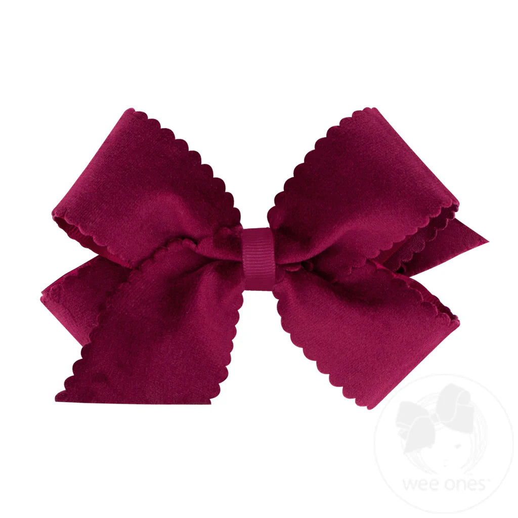 Medium Hair Bow with Scalloped Edge Faux Velvet Overlay