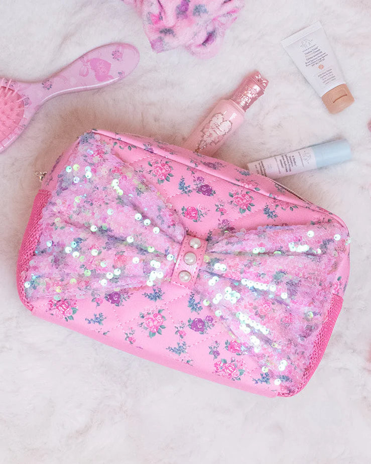 Sequin Bow Front Floral Printed Pouch