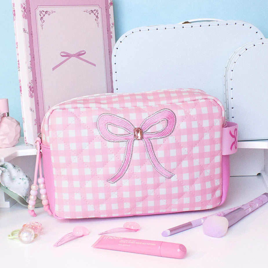 Quilted Bow Patched Gingham Printed Pouch