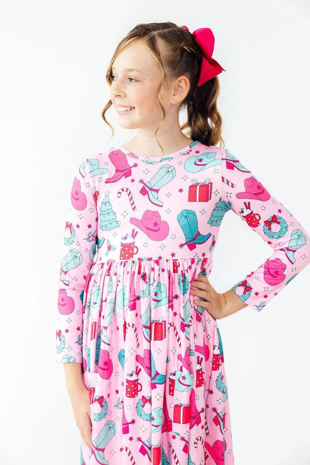 Christmas Cowgirl Long Sleeve Pocket Twirl Dress