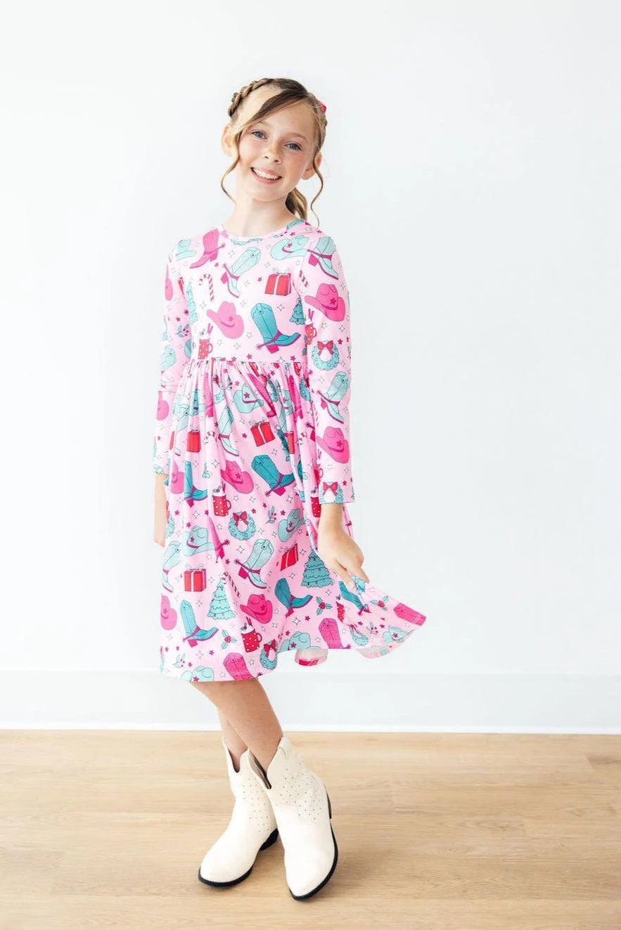 Christmas Cowgirl Long Sleeve Pocket Twirl Dress