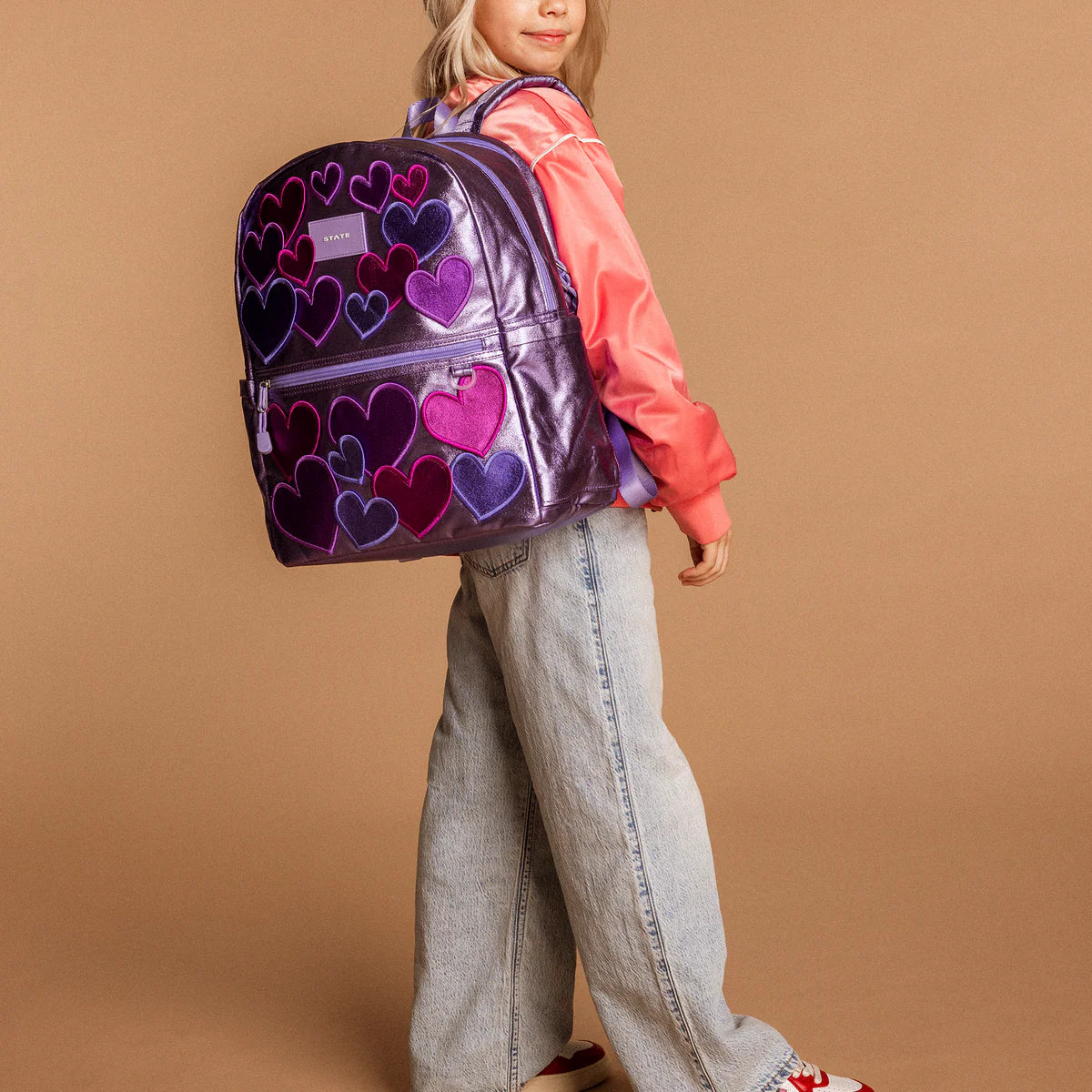 Metallic 3D Hearts Kane Double Pocket Backpack