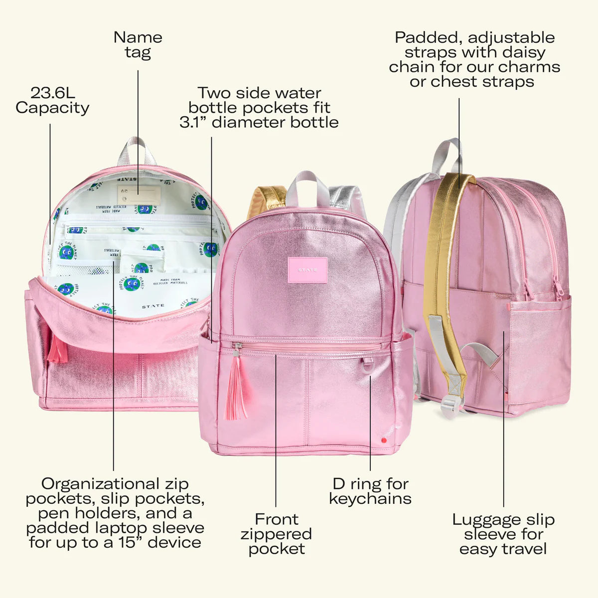 Metallic 3D Hearts Kane Double Pocket Backpack