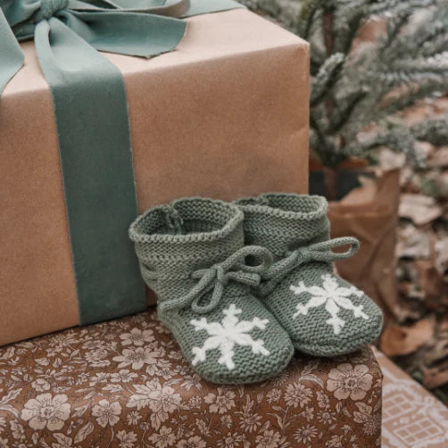 Green Snowflake Knit Baby Booties