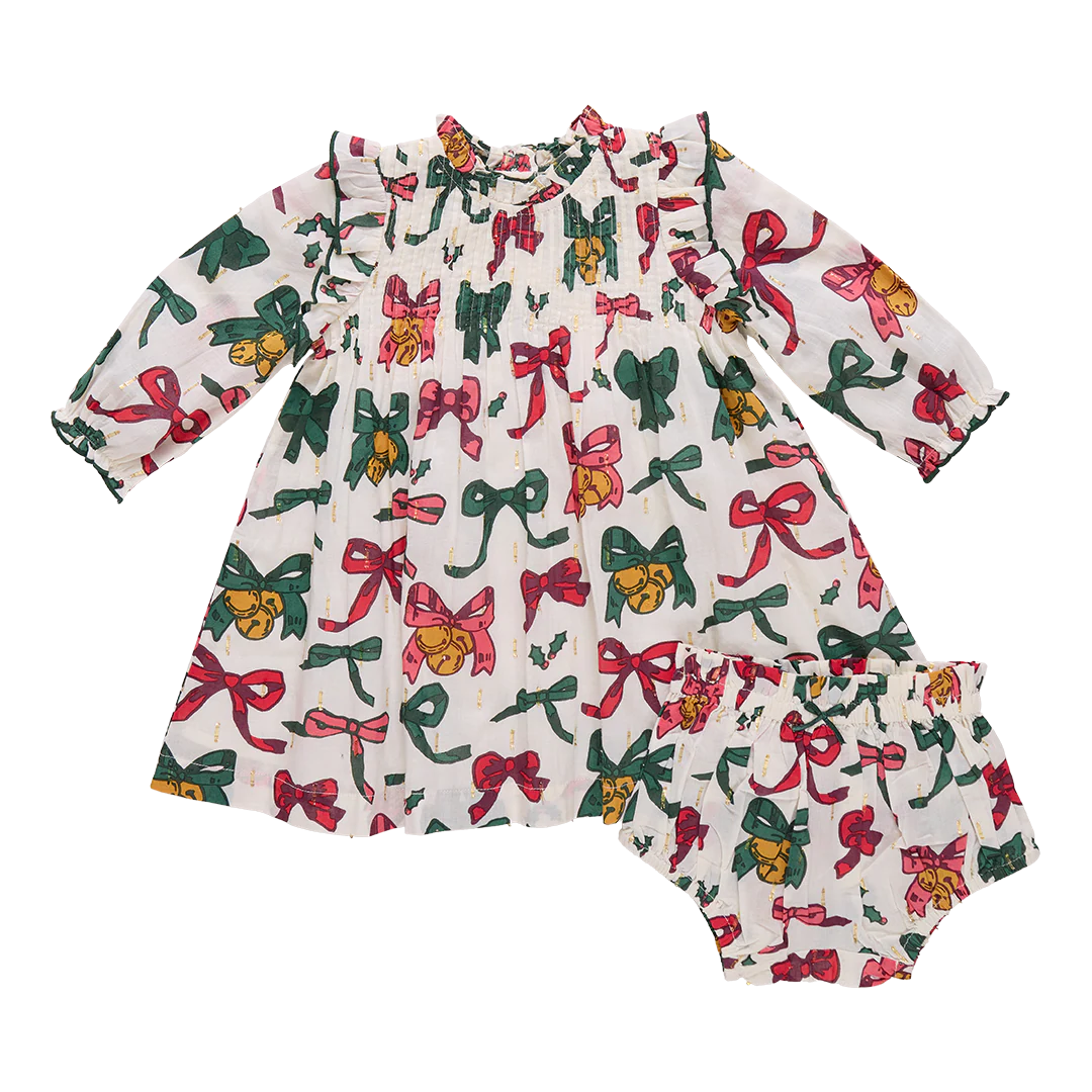 Baby Girls Jaipur Dress Set- Christmas Bows and Bells | 3/6M Baby Girls Jaipur Dress Set- Christmas Bows and Bells | 3/6M