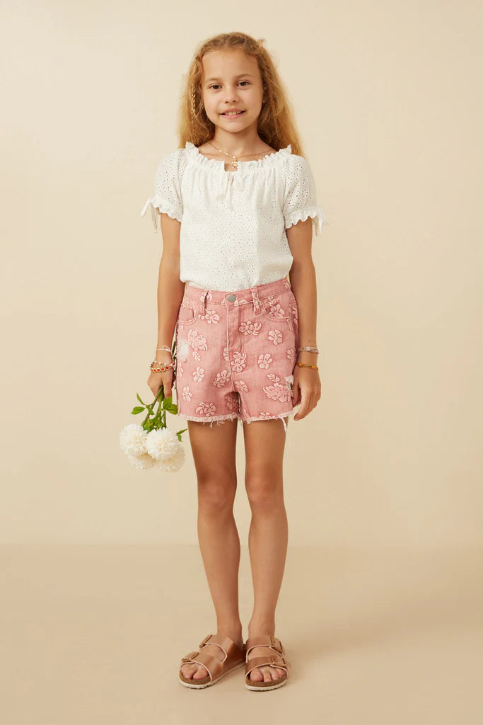 Girls Floral Printed Distressed Denim Shorts