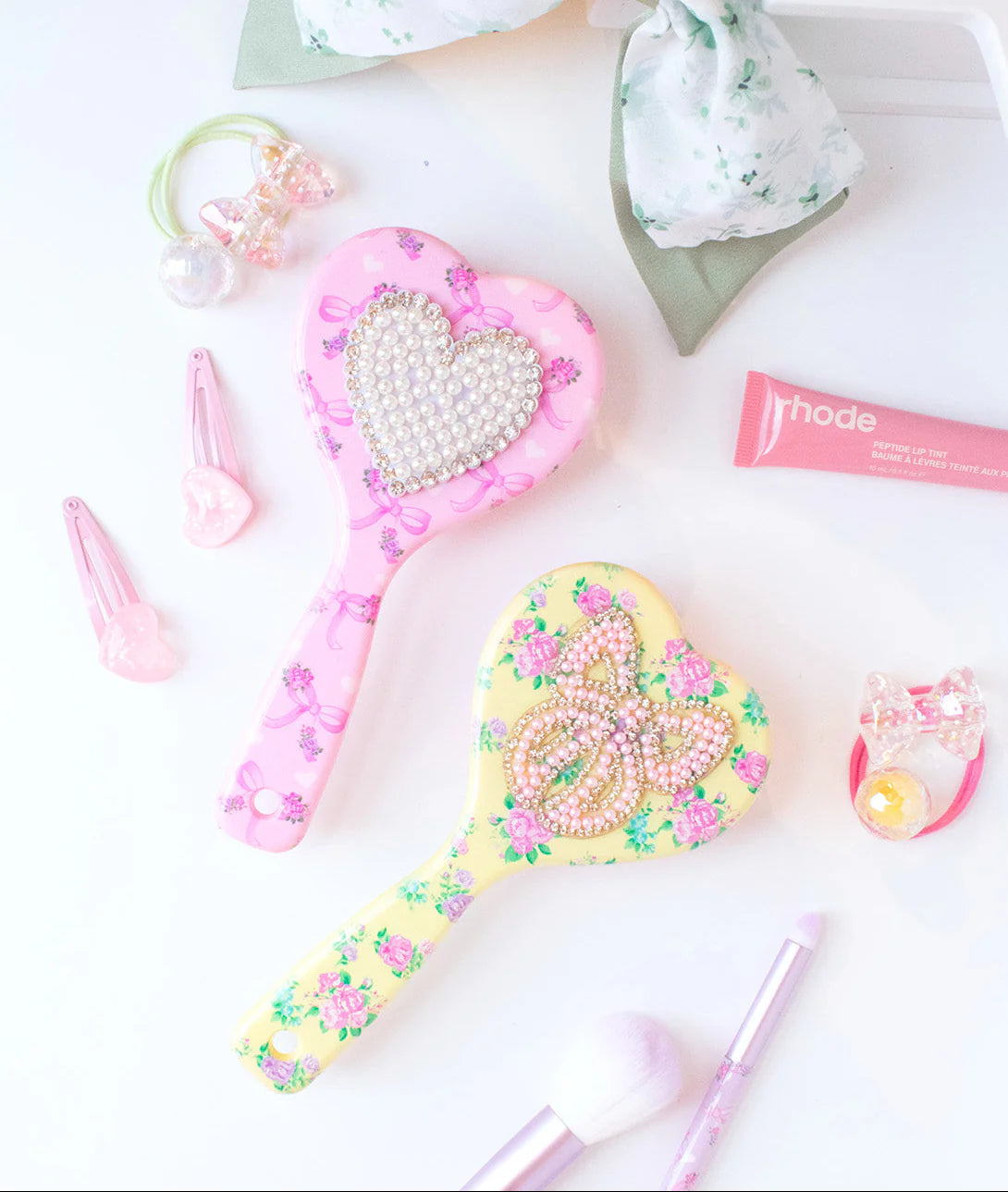 Bow Floral Printed Heart Shaped Hairbrush
