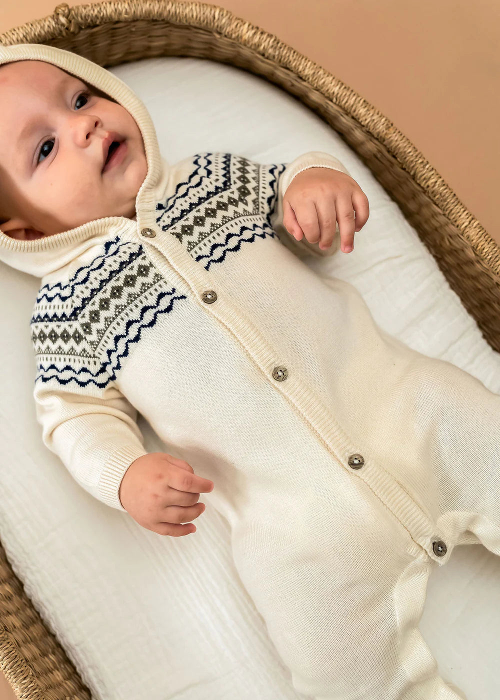 Fair Isle Jacquard Sweater Knit Baby Hooded Jumpsuit (Organic Cotton)