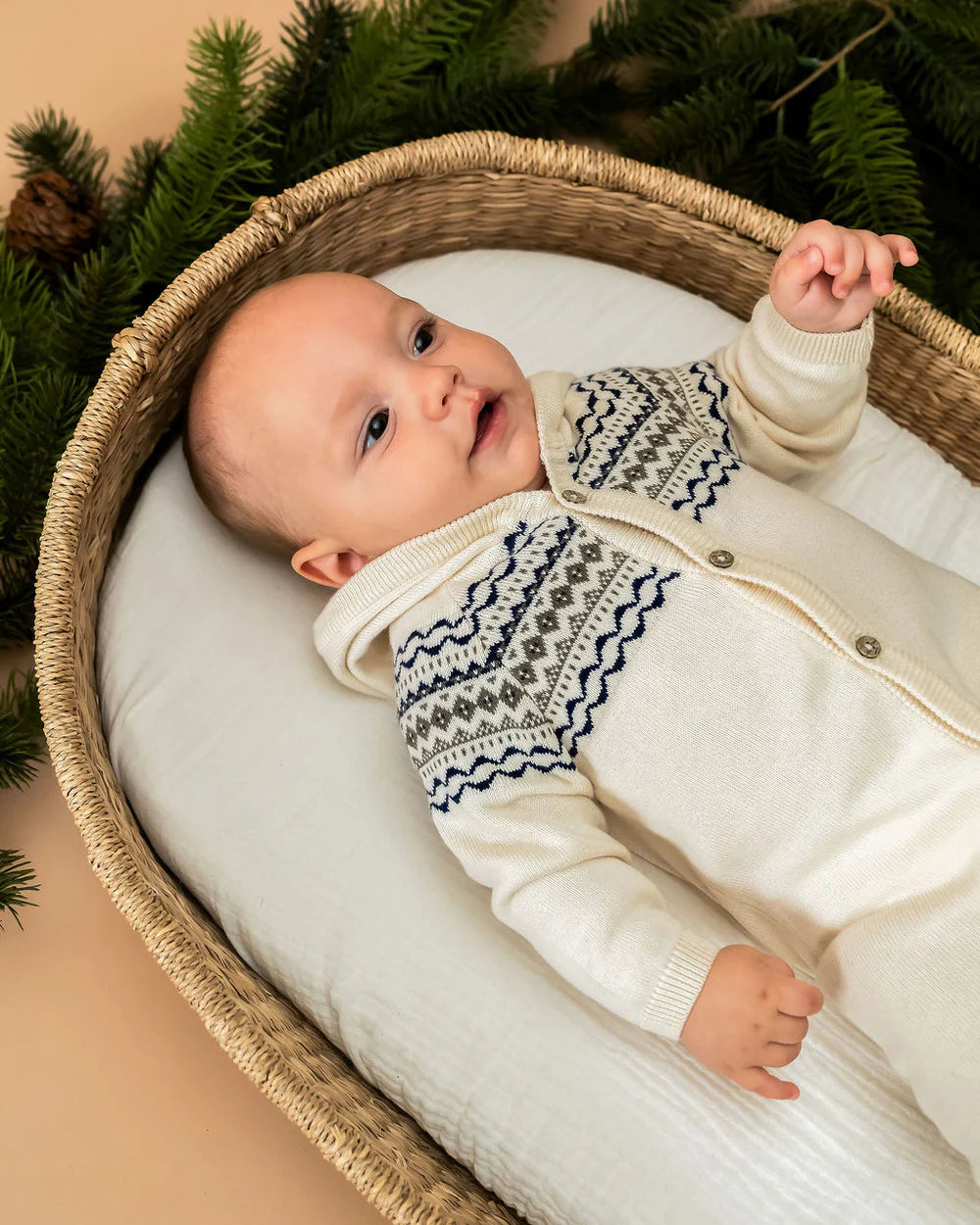 Fair Isle Jacquard Sweater Knit Baby Hooded Jumpsuit (Organic Cotton)
